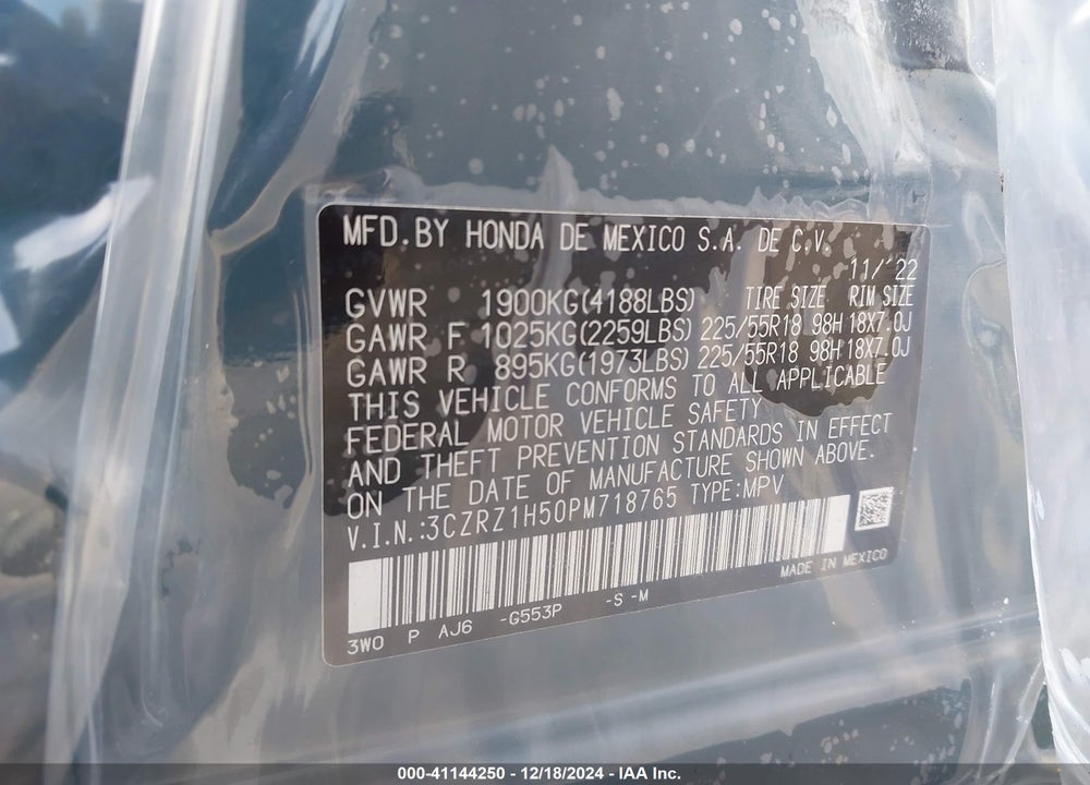 2023 HONDA HR-V 2WD SPORT VIN: 3CZRZ1H50PM718765