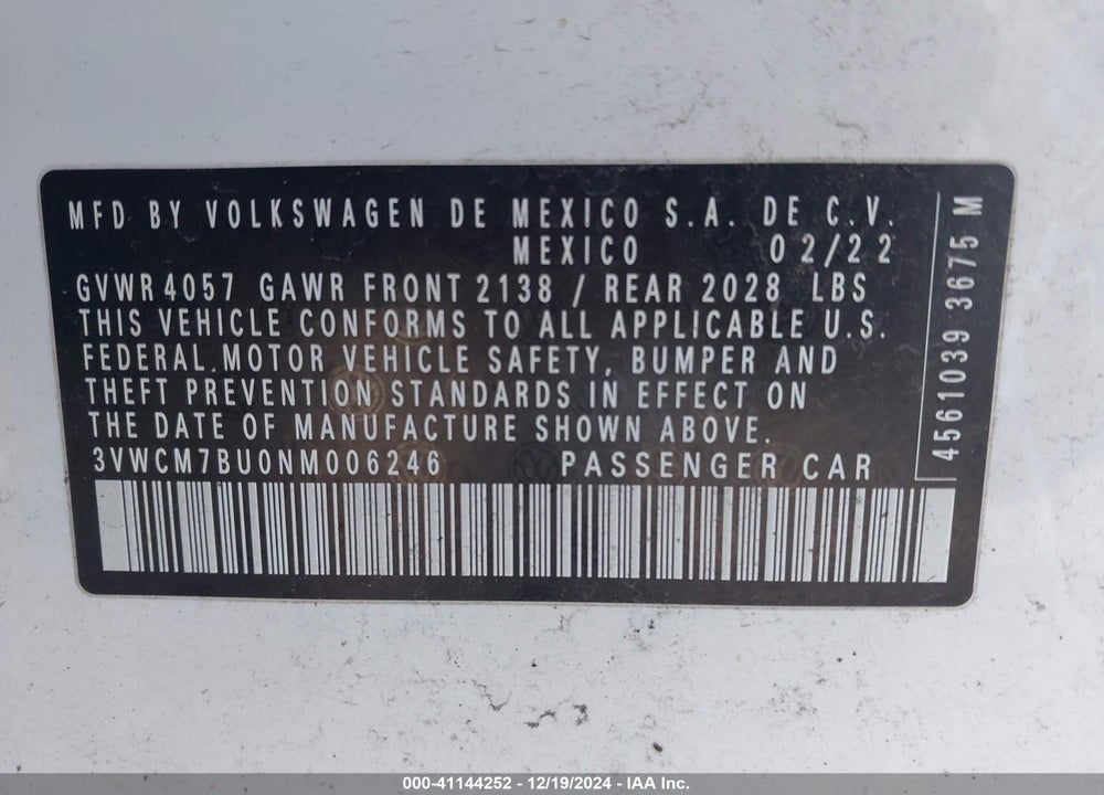 2022 VOLKSWAGEN JETTA VIN: 3VWCM7BU0NM006246