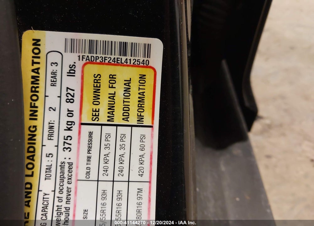 2014 FORD FOCUS VIN: 1FADP3F24EL412540