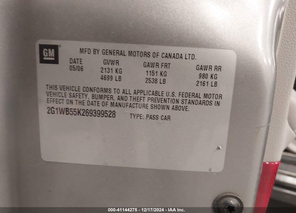2006 CHEVROLET IMPALA LS VIN: 2G1WB55K269399528