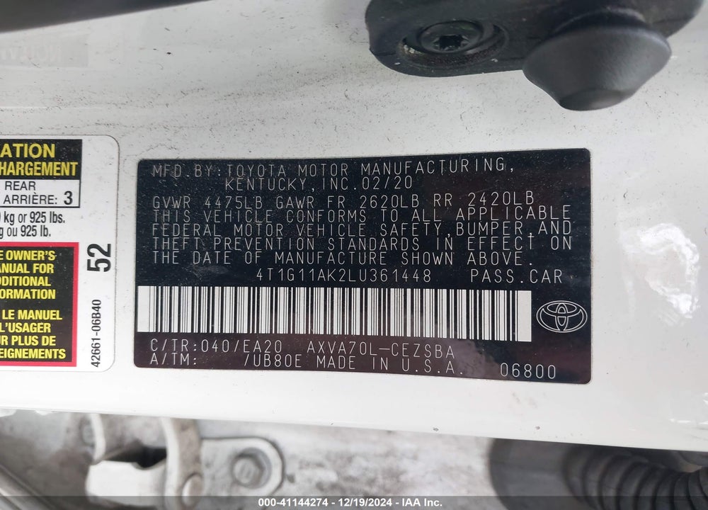 2020 TOYOTA CAMRY SE VIN: 4T1G11AK2LU361448