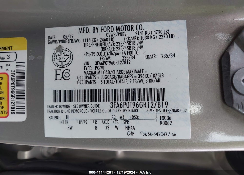2016 FORD FUSION SE VIN: 3FA6P0T96GR127819