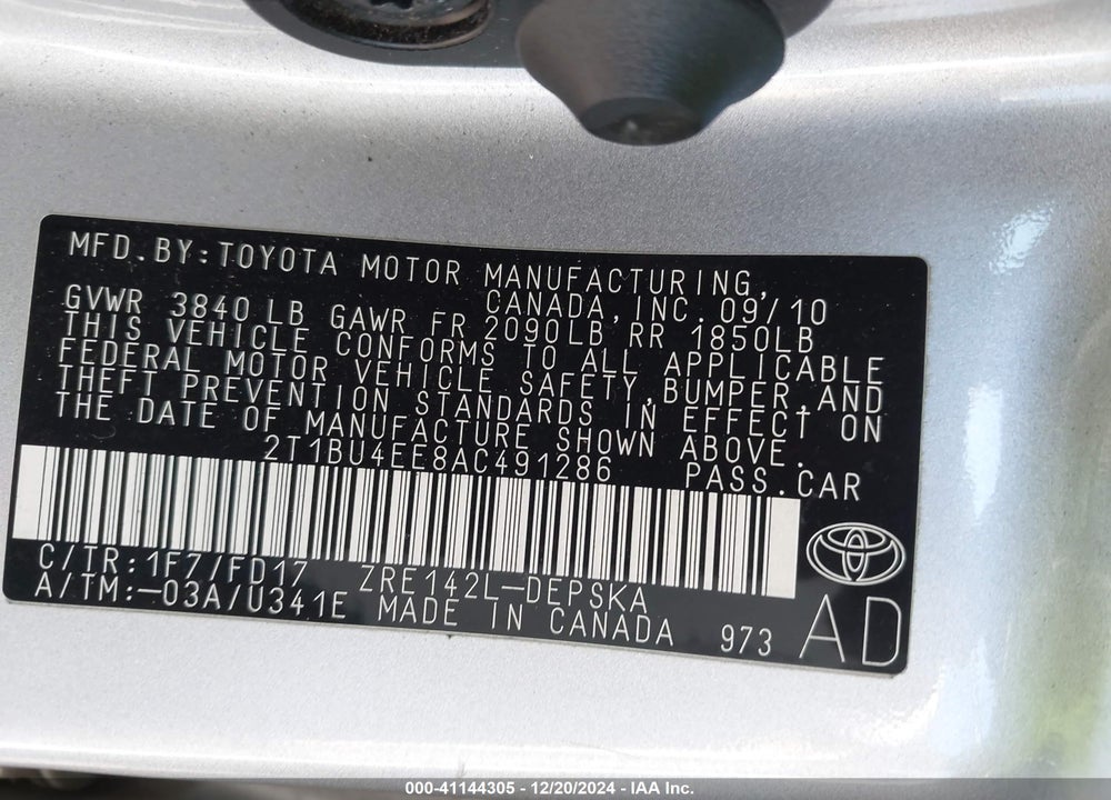 2010 TOYOTA COROLLA S VIN: 2T1BU4EE8AC491286