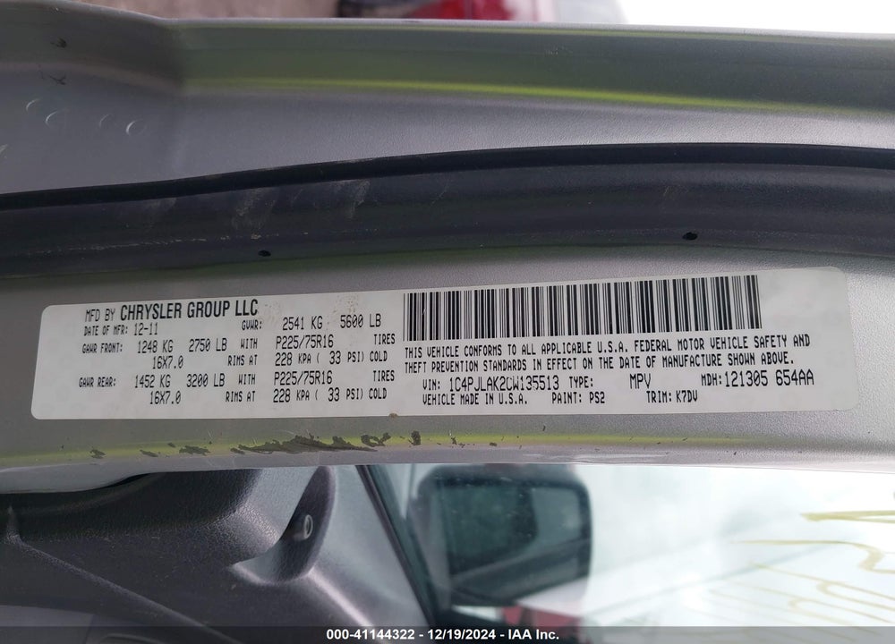 2012 JEEP LIBERTY SPORT VIN: 1C4PJLAK2CW135513