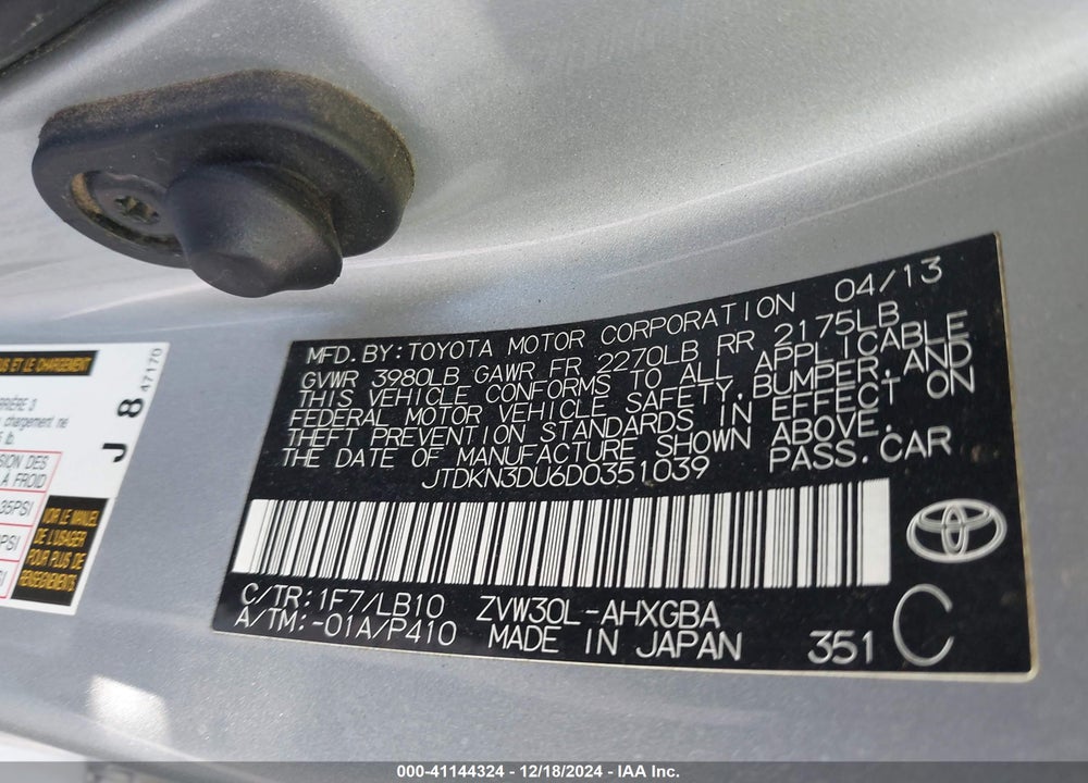 2013 TOYOTA PRIUS VIN: JTDKN3DU6D0351039