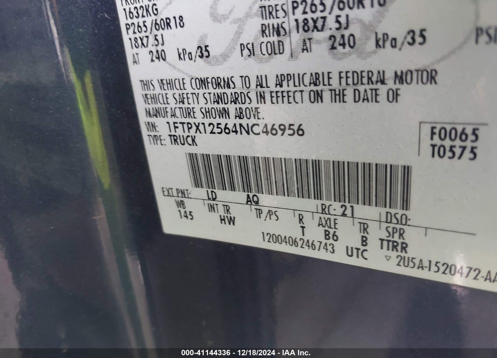 2004 FORD F150 VIN: 1FTPX12564NC46956