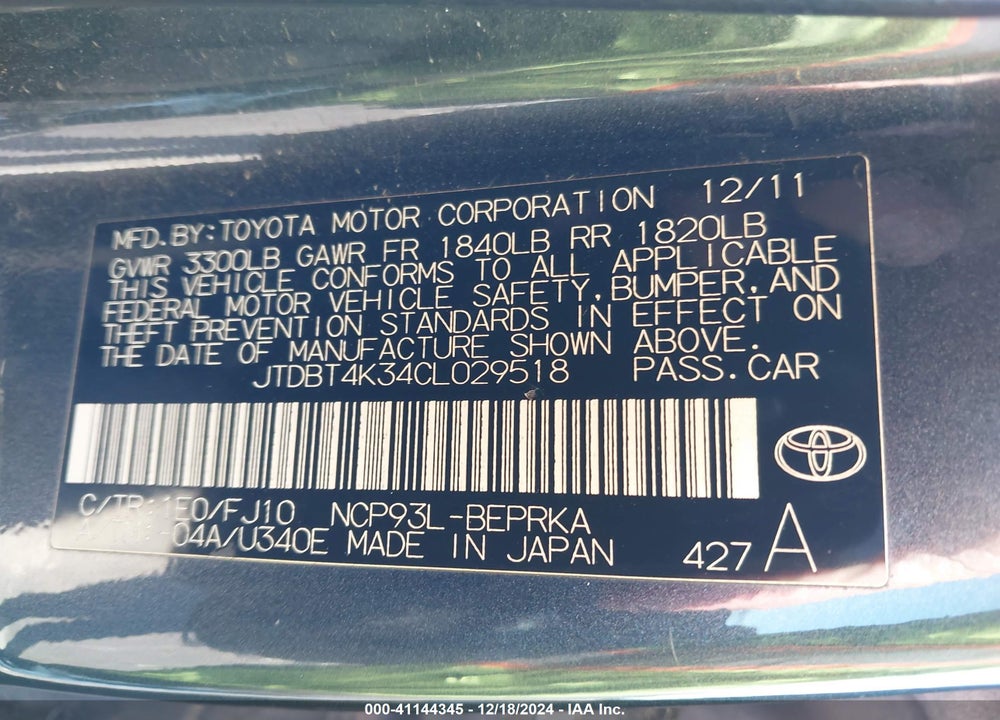2012 TOYOTA YARIS VIN: JTDBT4K34CL029518