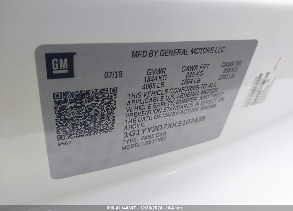 2019 CHEVROLET CORVETTE VIN: 1G1YY2D7XK5107439