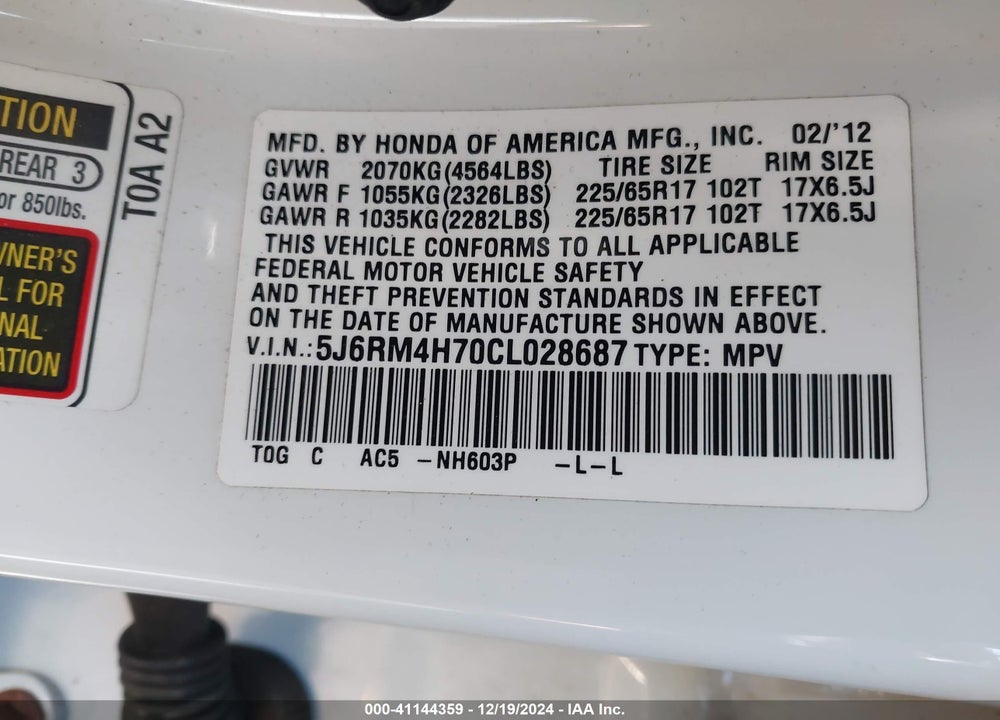 2012 HONDA CR-V EX-L VIN: 5J6RM4H70CL028687