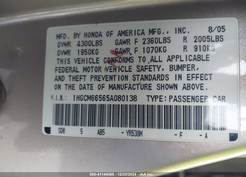 2005 HONDA ACCORD 3.0 EX VIN: 1HGCM66565A080138