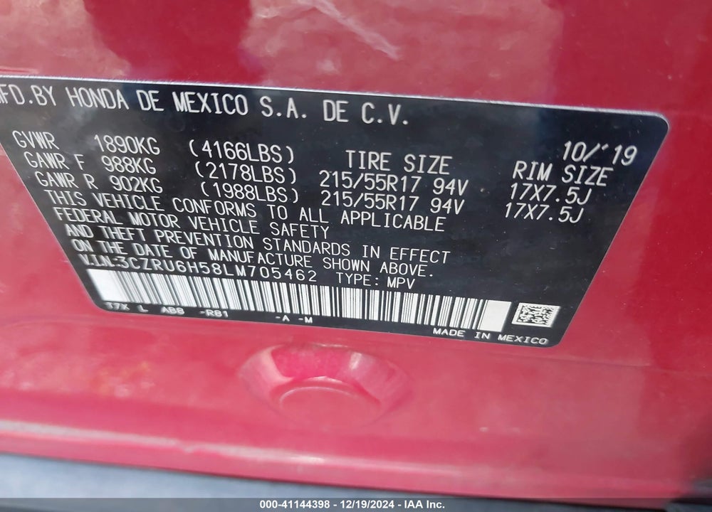 2020 HONDA HR-V AWD EX VIN: 3CZRU6H58LM705462