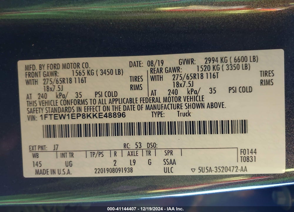 2019 FORD F-150 XLT VIN: 1FTEW1EP8KKE48896
