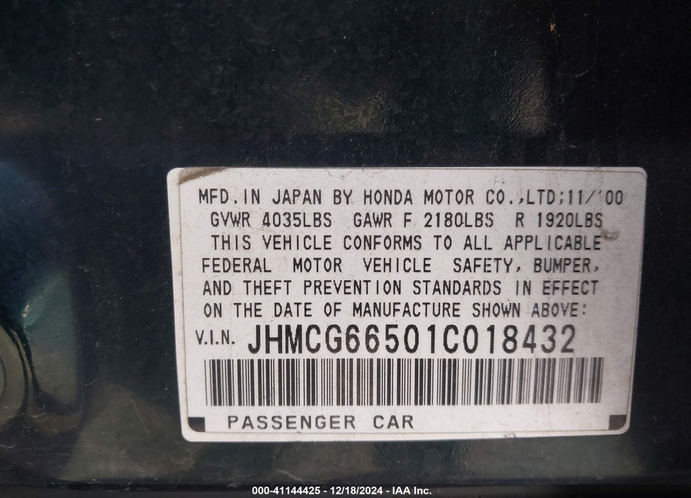 2001 HONDA ACCORD 2.3 LX VIN: JHMCG66501C018432