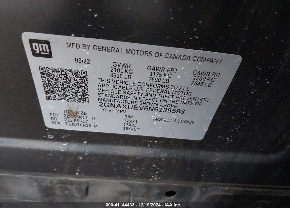 2022 CHEVROLET EQUINOX AWD LT VIN: 2GNAXUEV6N6139583