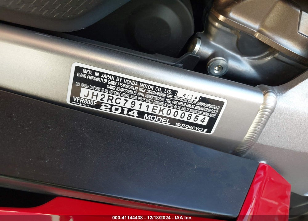 2014 HONDA VFR800 F VIN: JH2RC7911EK000854
