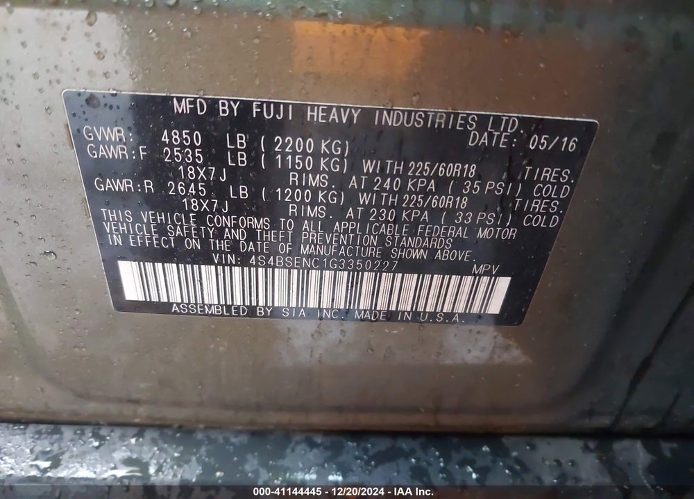 2016 SUBARU OUTBACK 3.6R LIMITED VIN: 4S4BSENC1G3350227