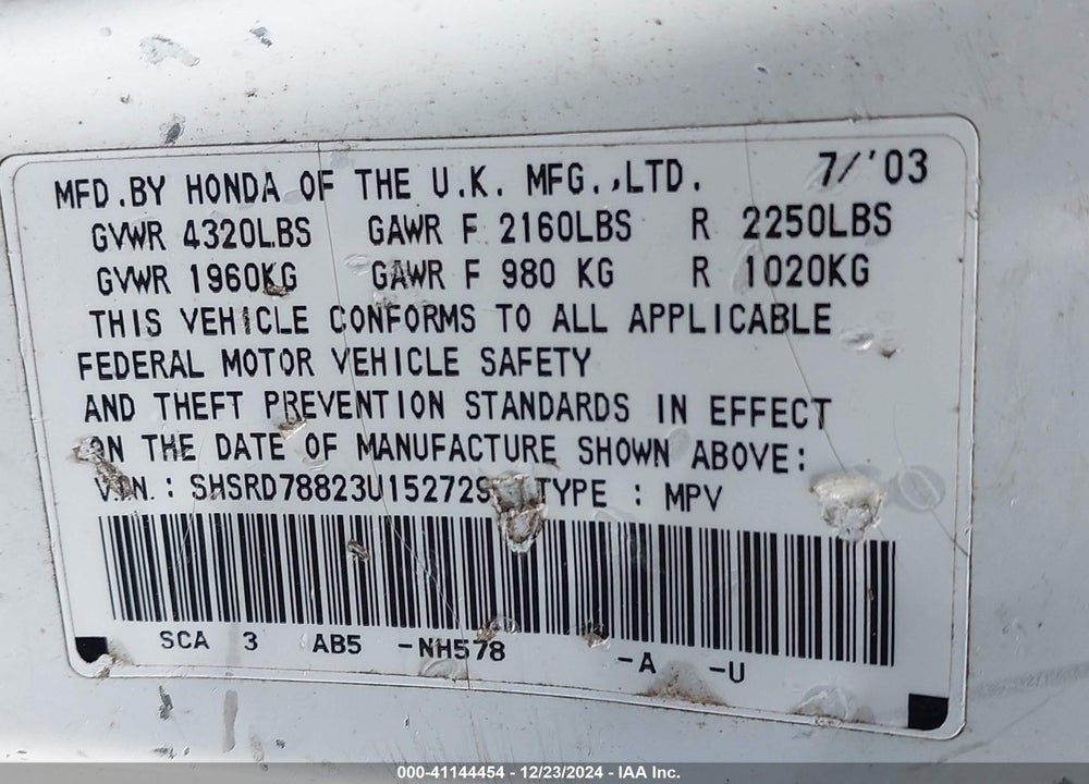 2003 HONDA CR-V EX VIN: SHSRD78823U152729
