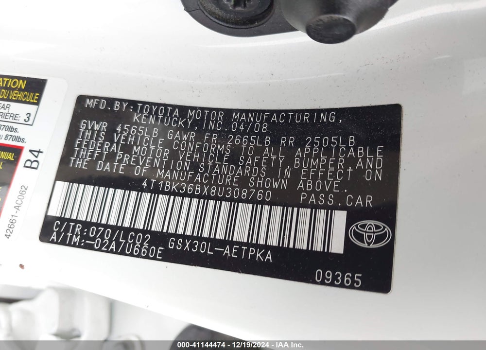 2008 TOYOTA AVALON LIMITED VIN: 4T1BK36BX8U308760