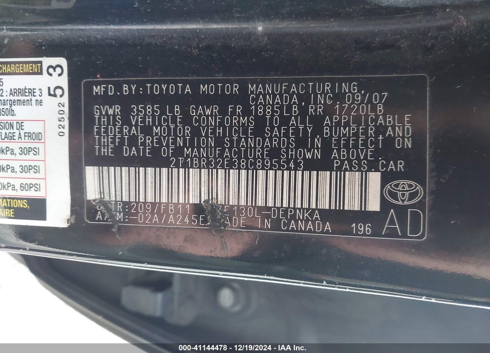 2008 TOYOTA COROLLA LE VIN: 2T1BR32E38C895543