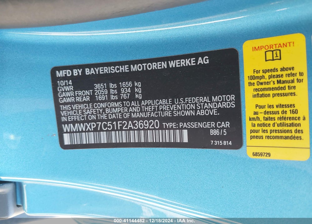 2015 MINI HARDTOP COOPER S VIN: WMWXP7C51F2A36920