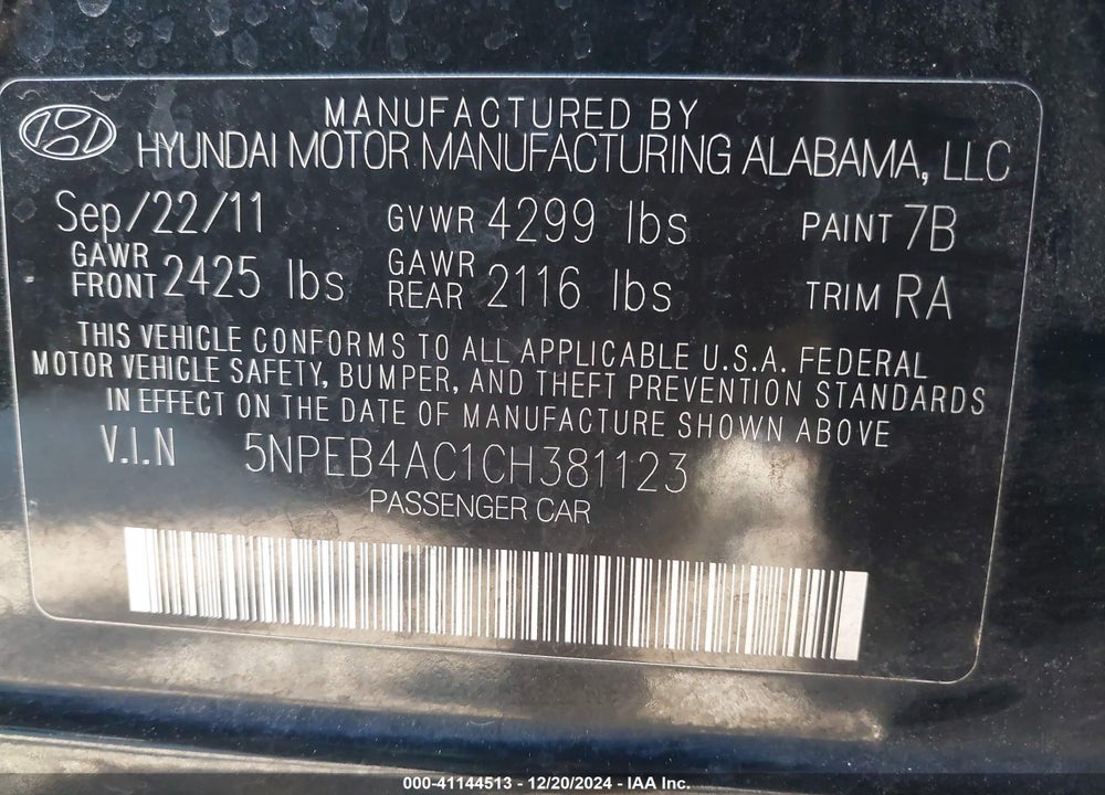 2012 HYUNDAI SONATA GLS VIN: 5NPEB4AC1CH381123