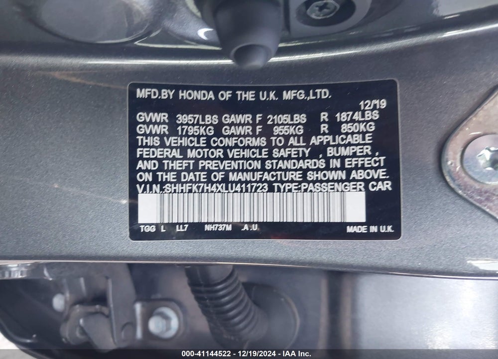 2020 HONDA CIVIC SPORT VIN: SHHFK7H4XLU411723