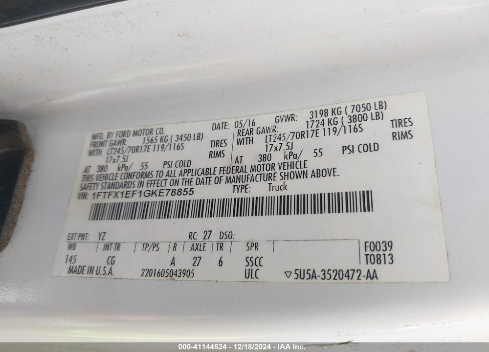 2016 FORD F-150 XL VIN: 1FTFX1EF1GKE78855