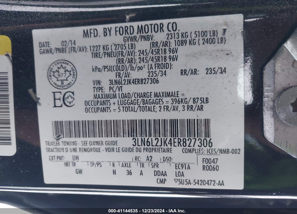 2014 LINCOLN MKZ VIN: 3LN6L2JK4ER827306