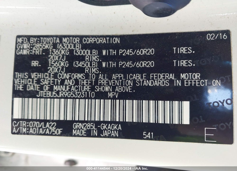 2016 TOYOTA 4RUNNER LIMITED VIN: JTEBU5JR9G5323110