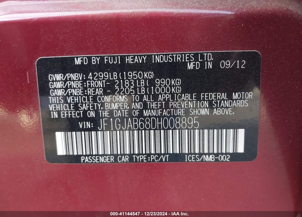 2013 SUBARU IMPREZA 2.0I PREMIUM VIN: JF1GJAB68DH008895