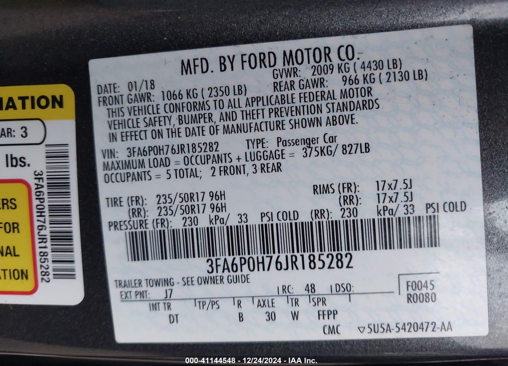 2018 FORD FUSION VIN: 3FA6P0H76JR185282