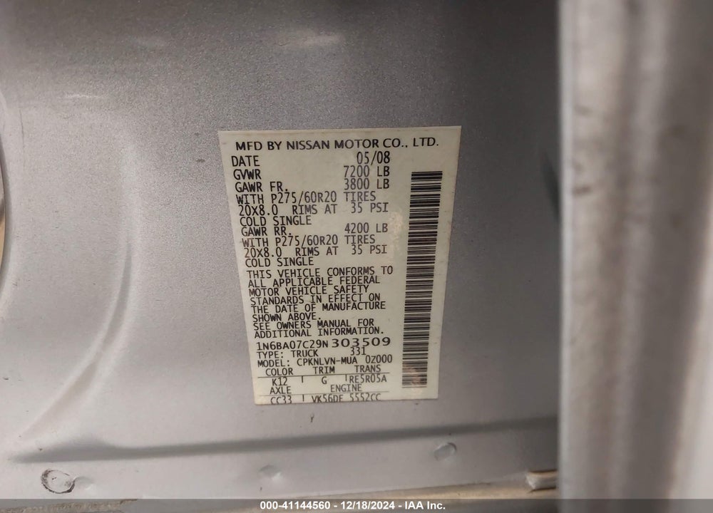 2009 NISSAN TITAN LE VIN: 1N6BA07C29N303509
