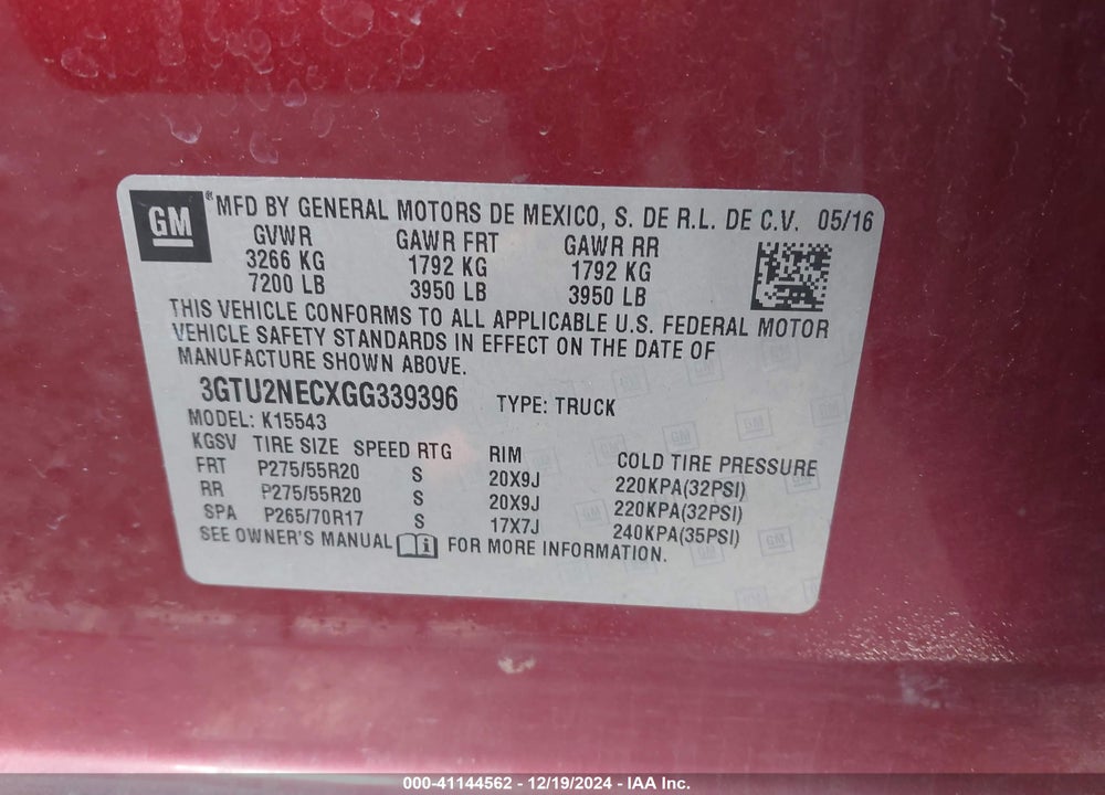 2016 GMC SIERRA 1500 VIN: 3GTU2NECXGG339396