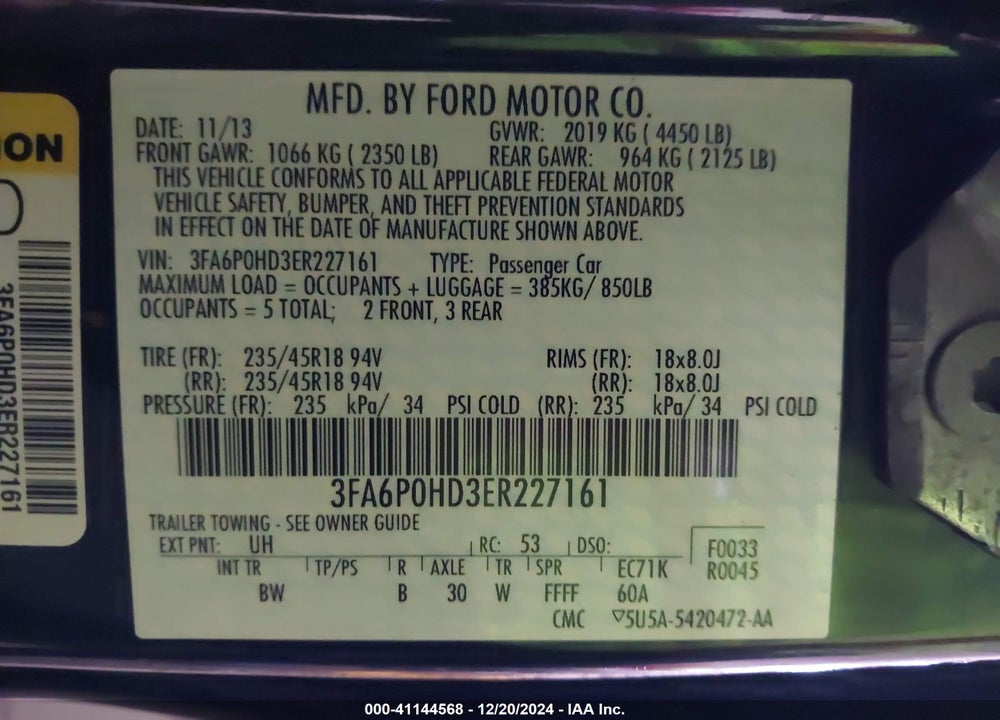 2014 FORD FUSION SE VIN: 3FA6P0HD3ER227161