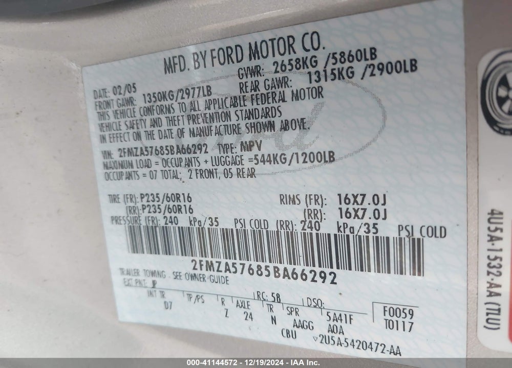 2005 FORD FREESTAR SES VIN: 2FMZA57685BA66292