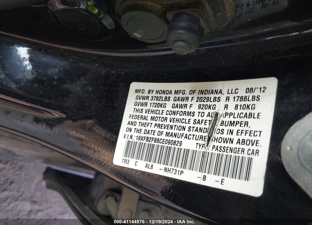 2012 HONDA CIVIC EX VIN: 19XFB2F88CE090829