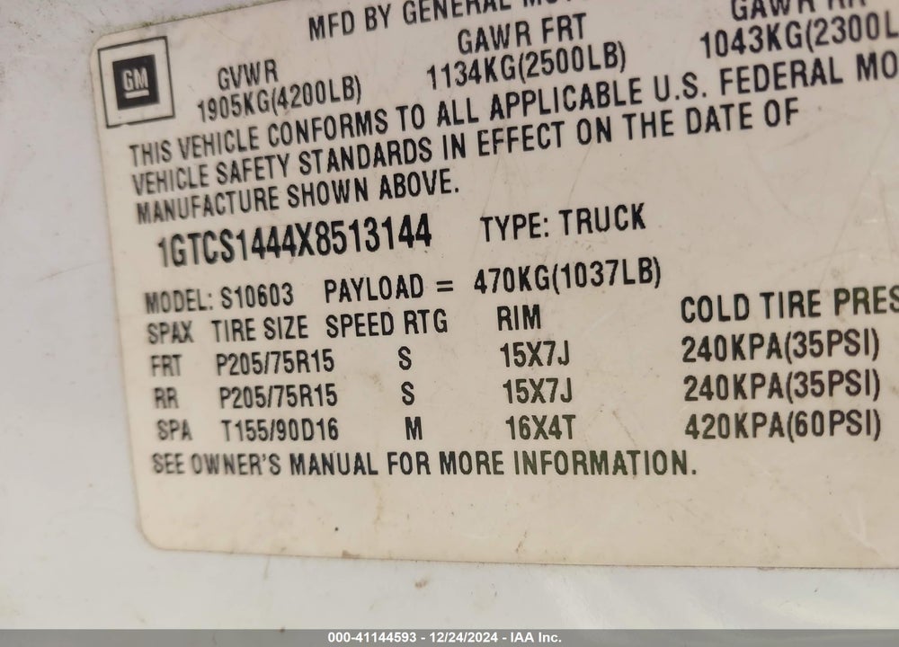 1999 GMC SONOMA SLS VIN: 1GTCS1444X8513144