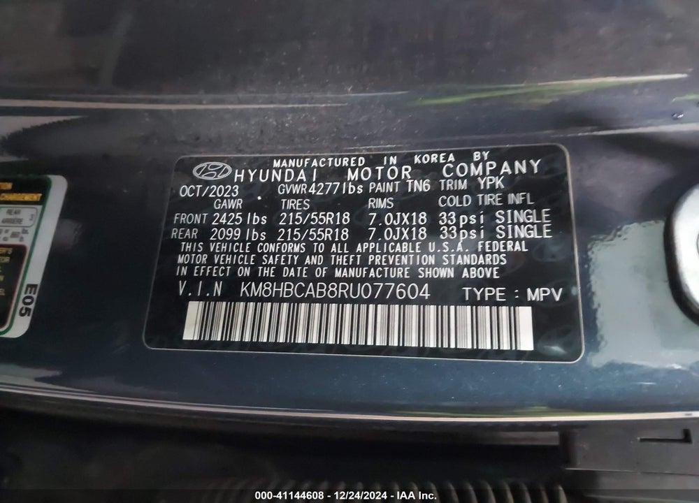2024 HYUNDAI KONA SEL VIN: KM8HBCAB8RU077604