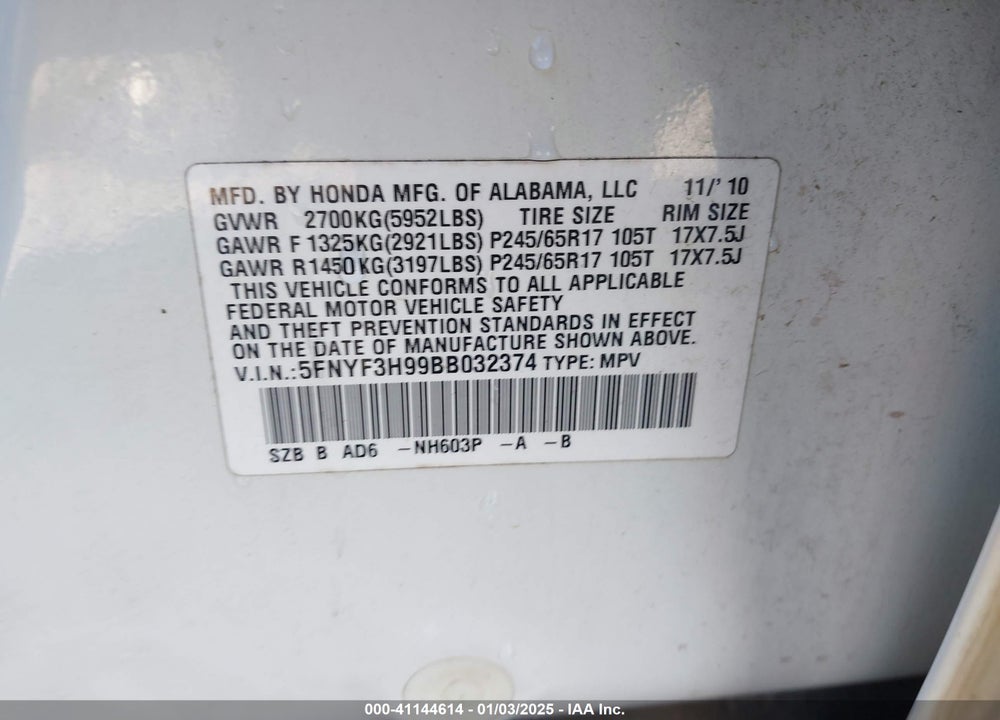 2011 HONDA PILOT TOURING VIN: 5FNYF3H99BB032374