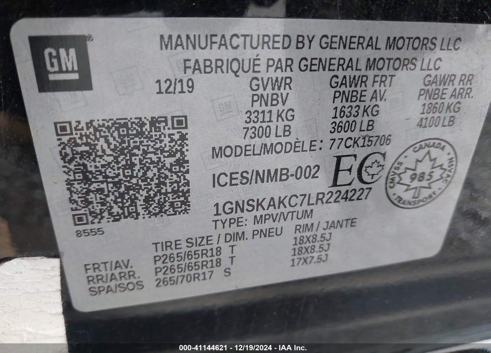2020 CHEVROLET TAHOE 4WD LS VIN: 1GNSKAKC7LR224227