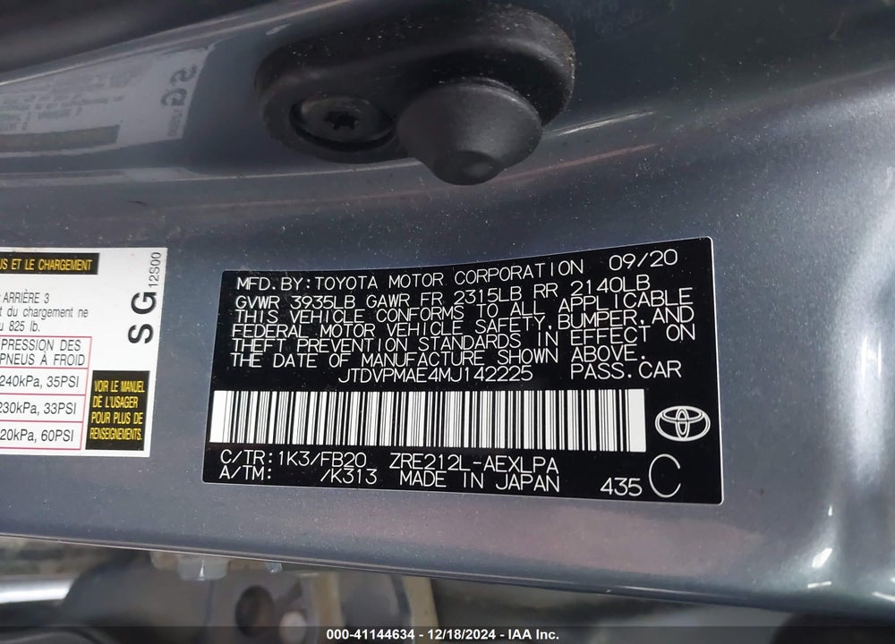 2021 TOYOTA COROLLA LE VIN: JTDVPMAE4MJ142225