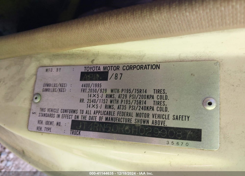 1987 TOYOTA PICKUP 1/2 TON RN50 VIN: JT4RN50R6H0299087