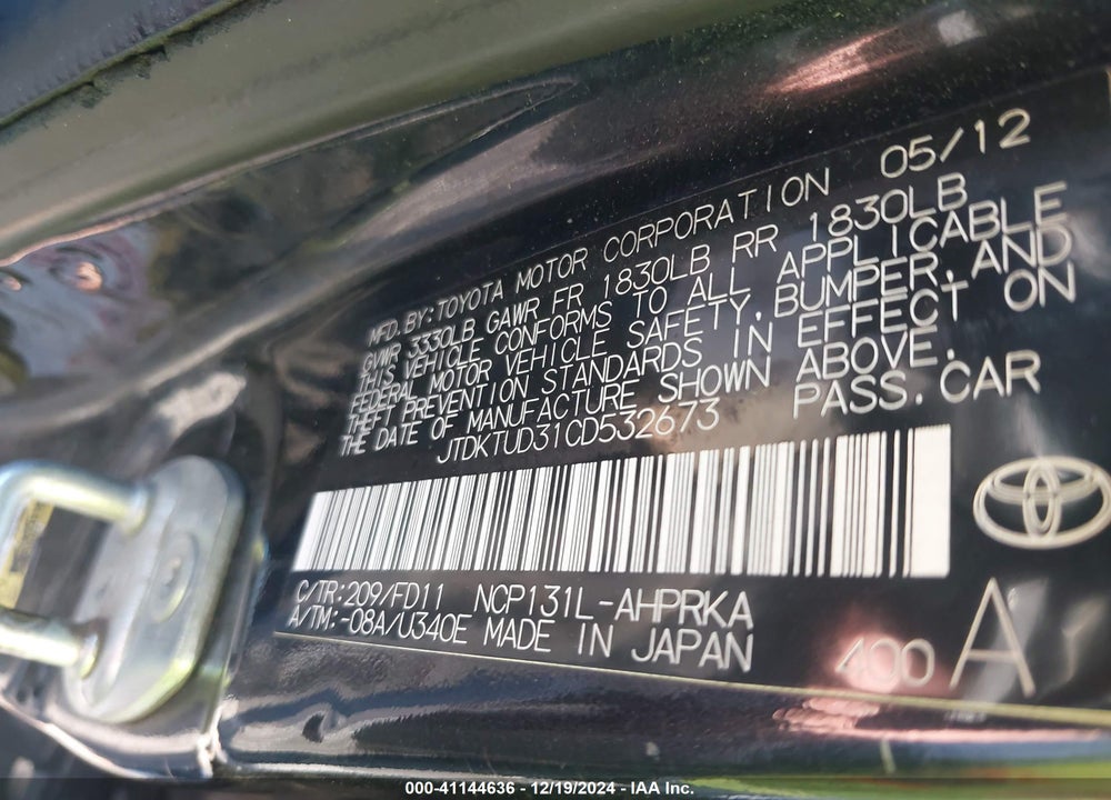 2012 TOYOTA YARIS VIN: JTDKTUD31CD532673