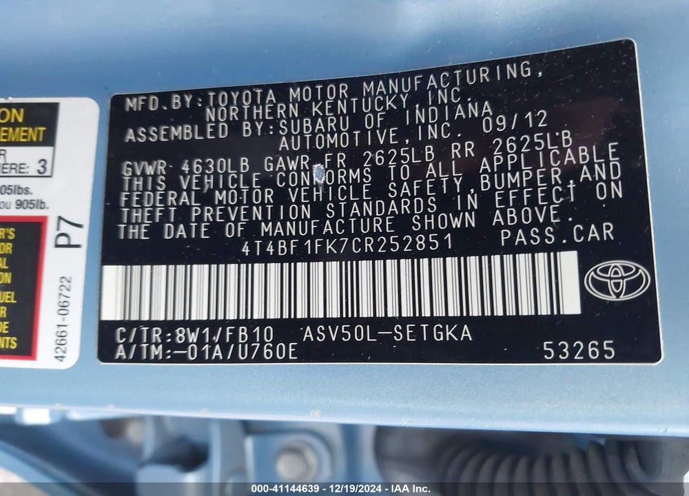 2012 TOYOTA CAMRY XLE VIN: 4T4BF1FK7CR252851