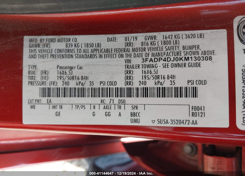2019 FORD FIESTA ST LINE VIN: 3FADP4DJ0KM130308