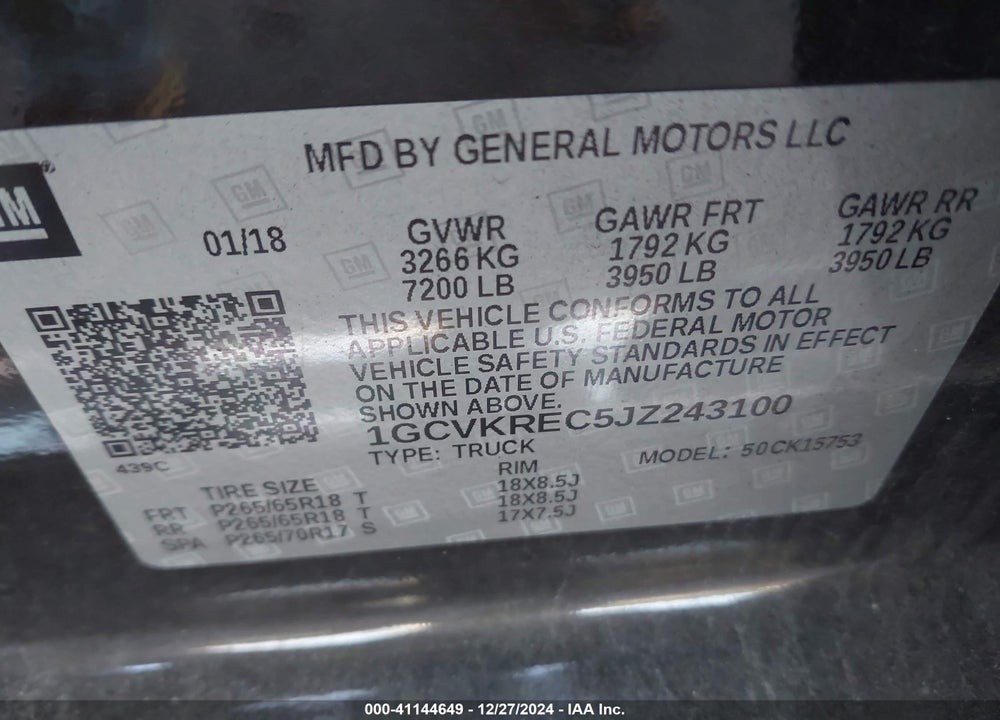 2018 CHEVROLET SILVERADO 1500 1LT VIN: 1GCVKREC5JZ243100