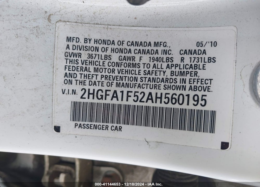 2010 HONDA CIVIC LX VIN: 2HGFA1F52AH560195
