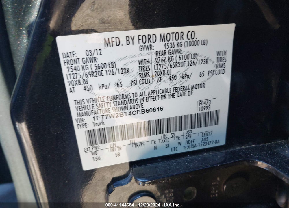 2012 FORD F-250 LARIAT VIN: 1FT7W2BT4CEB60616