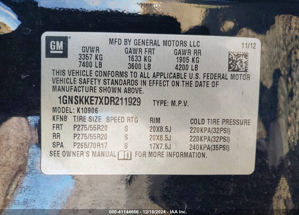 2013 CHEVROLET SUBURBAN 1500 LTZ VIN: 1GNSKKE7XDR211929