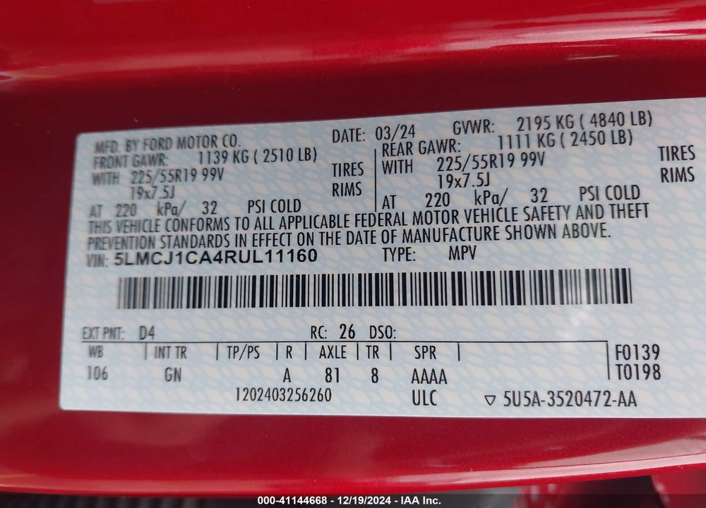 2024 LINCOLN CORSAIR PREMIERE VIN: 5LMCJ1CA4RUL11160